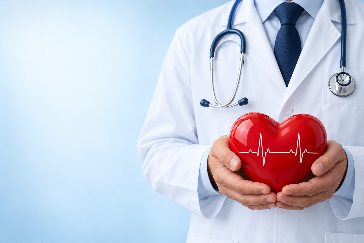 Illustrative photograph of a doctor holding a red heart model