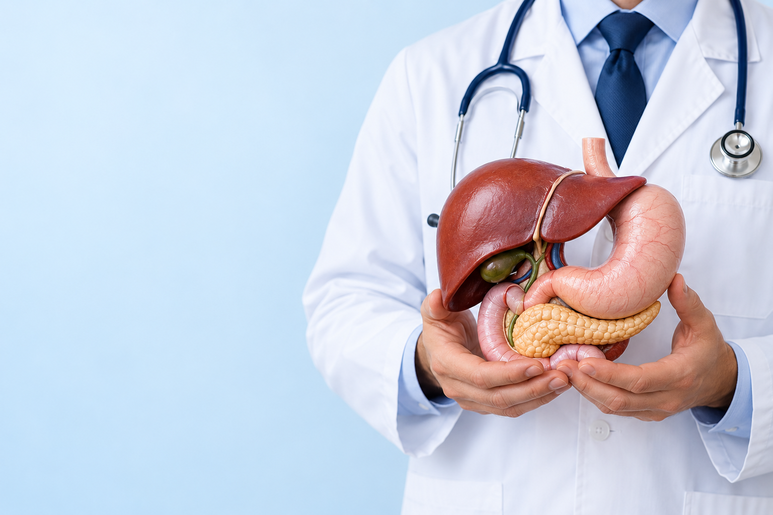 Illustrative photograph of a doctor holding a liver, stomach and pancreas teaching model