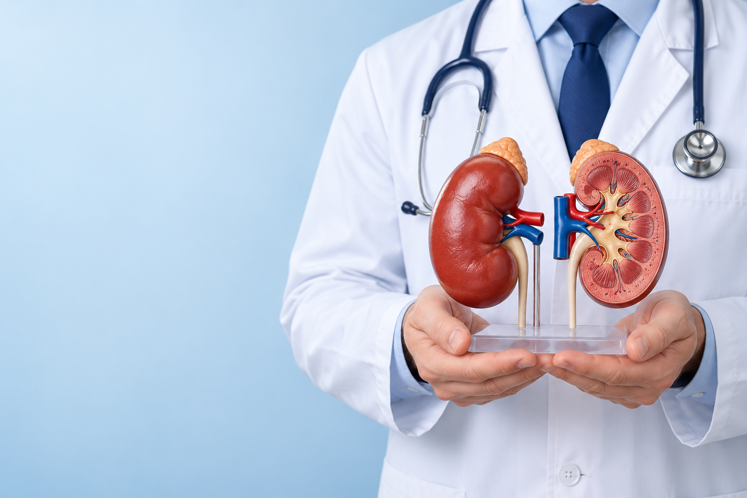 Illustrative photograph of a doctor holding whole and cutaway kidney teaching models