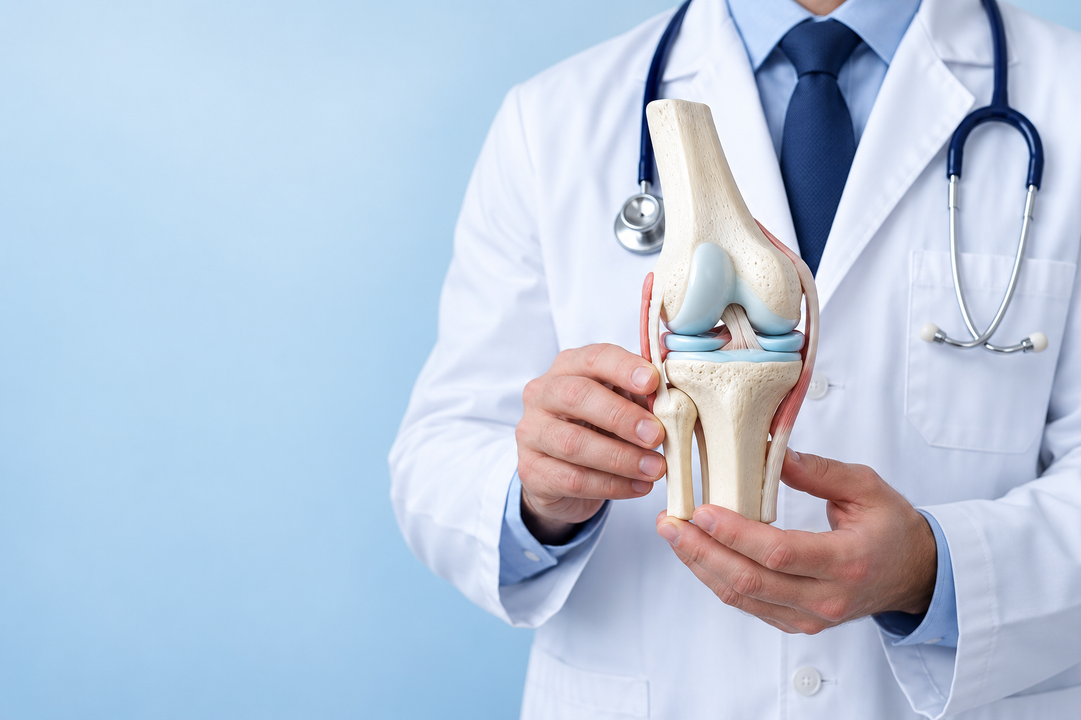 Illustrative photograph of a doctor holding an anatomical knee-joint teaching model