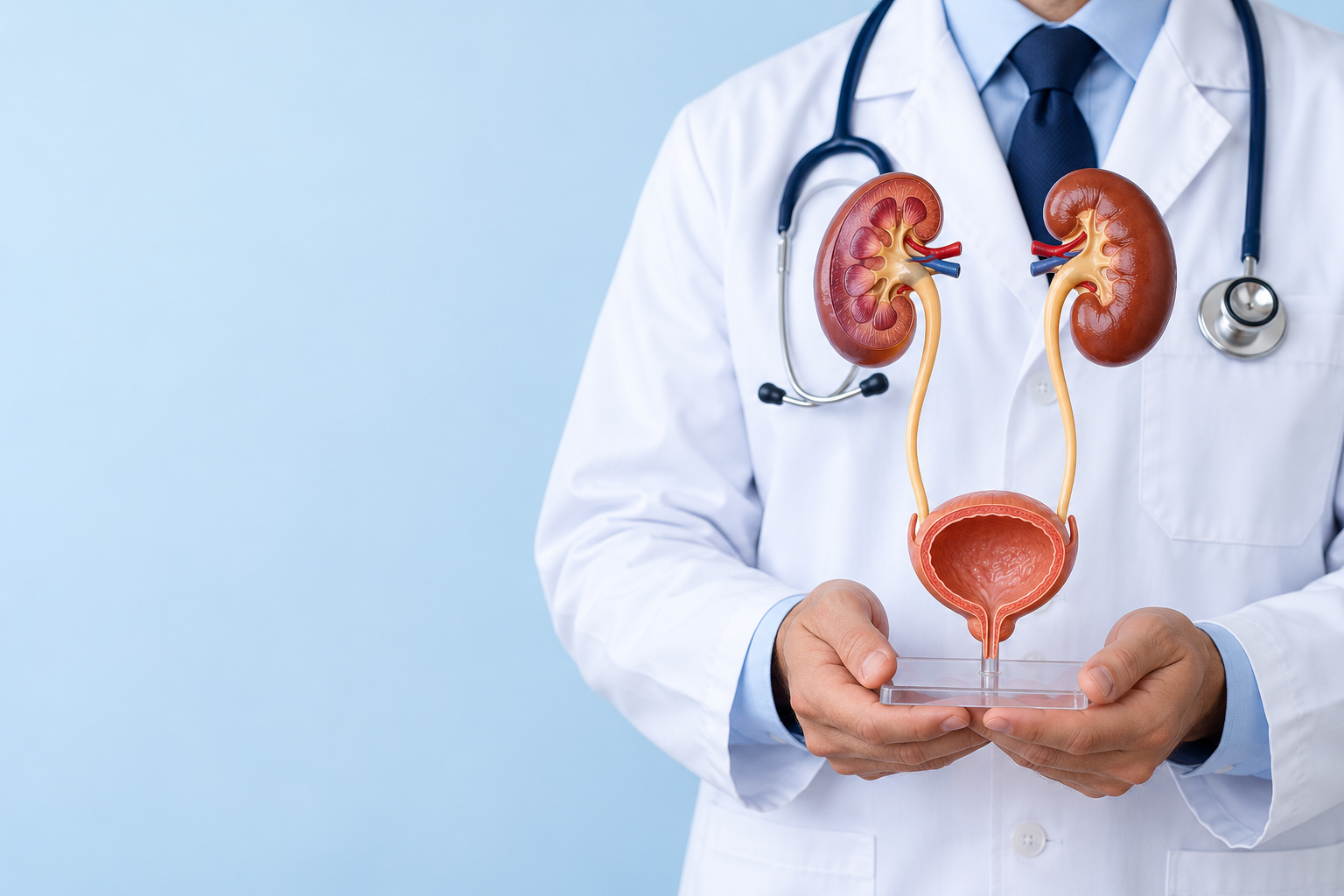 Illustrative photograph of a doctor holding a kidneys, ureters and bladder teaching model